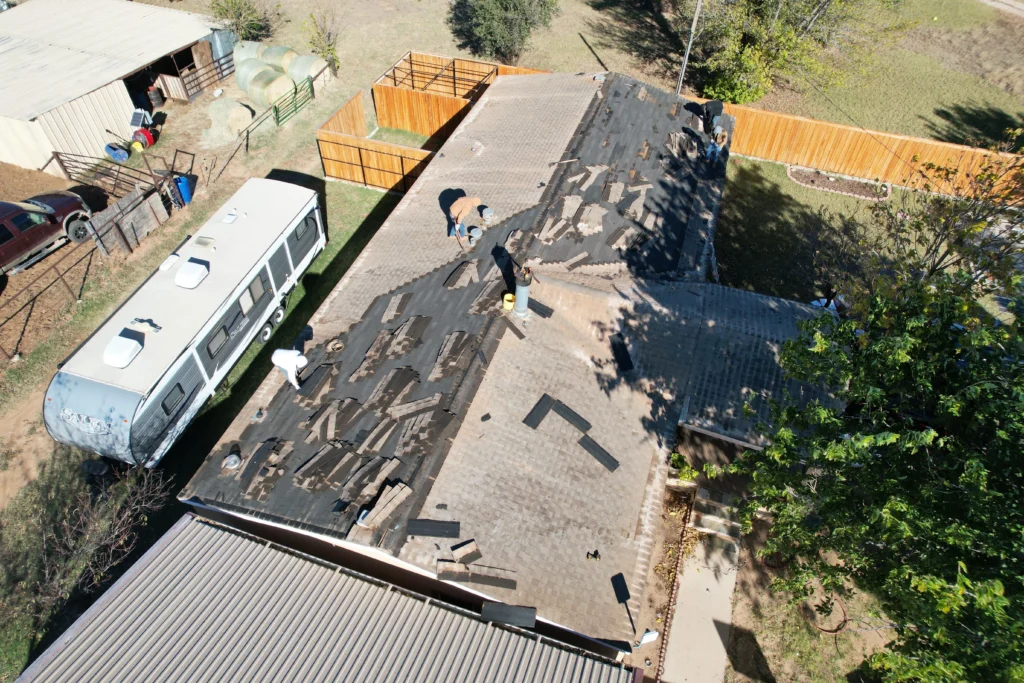 Aerial view of residential roof replacement work